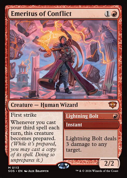 Carta Emeritus of Conflict // Lightning Bolt — Secrets of Strixhaven Promos · PSOS · #113p