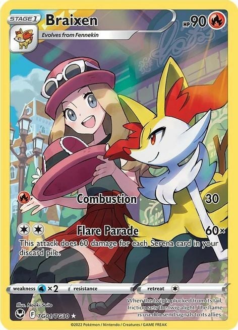 Braixen holo, ejemplo de carta rara de Pokémon